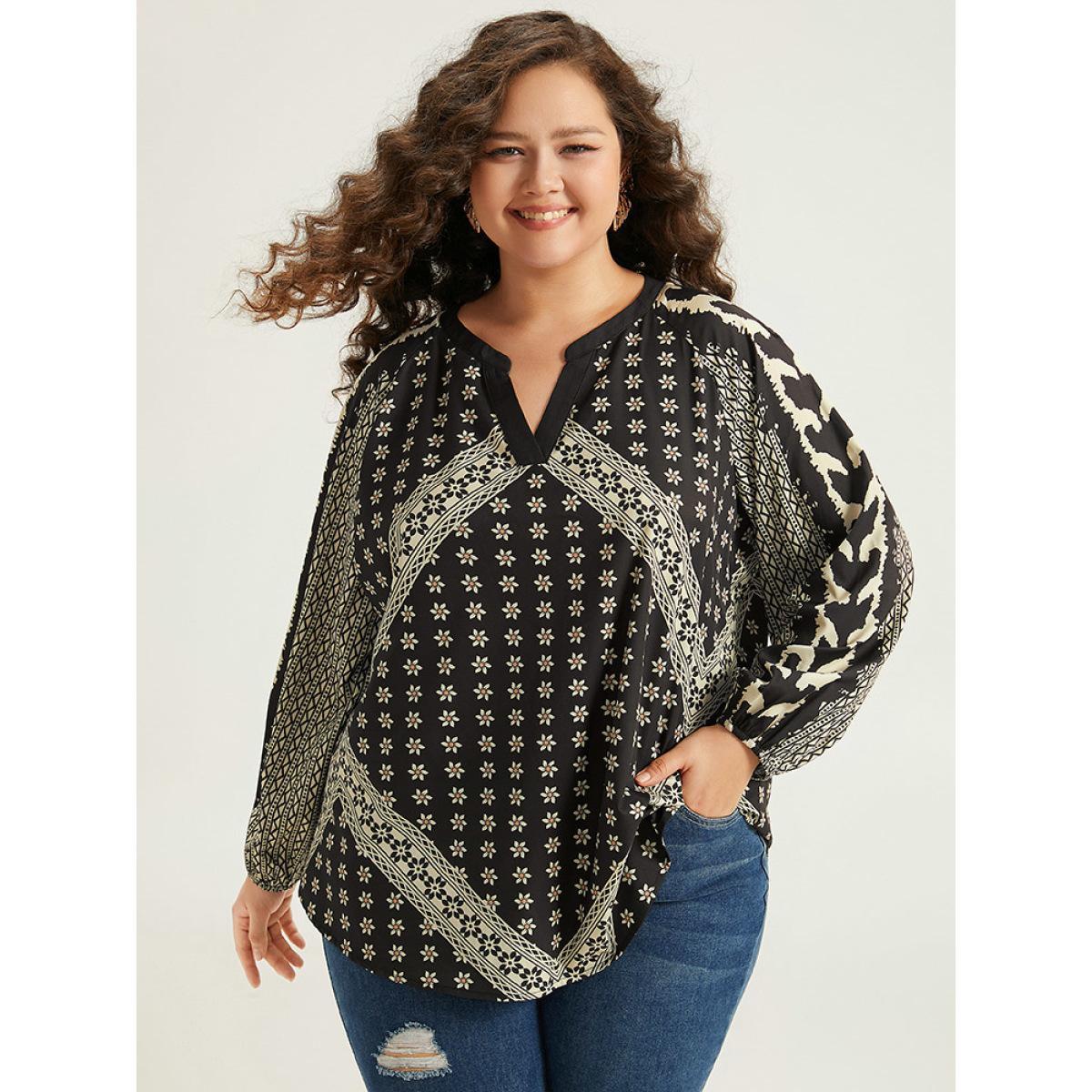 Plus Size Black Boho Print Lantern Sleeve Notched Blouse Women Vacation Long Sleeve Notched collar Dailywear Blouses BloomChic 30/6X Product Image