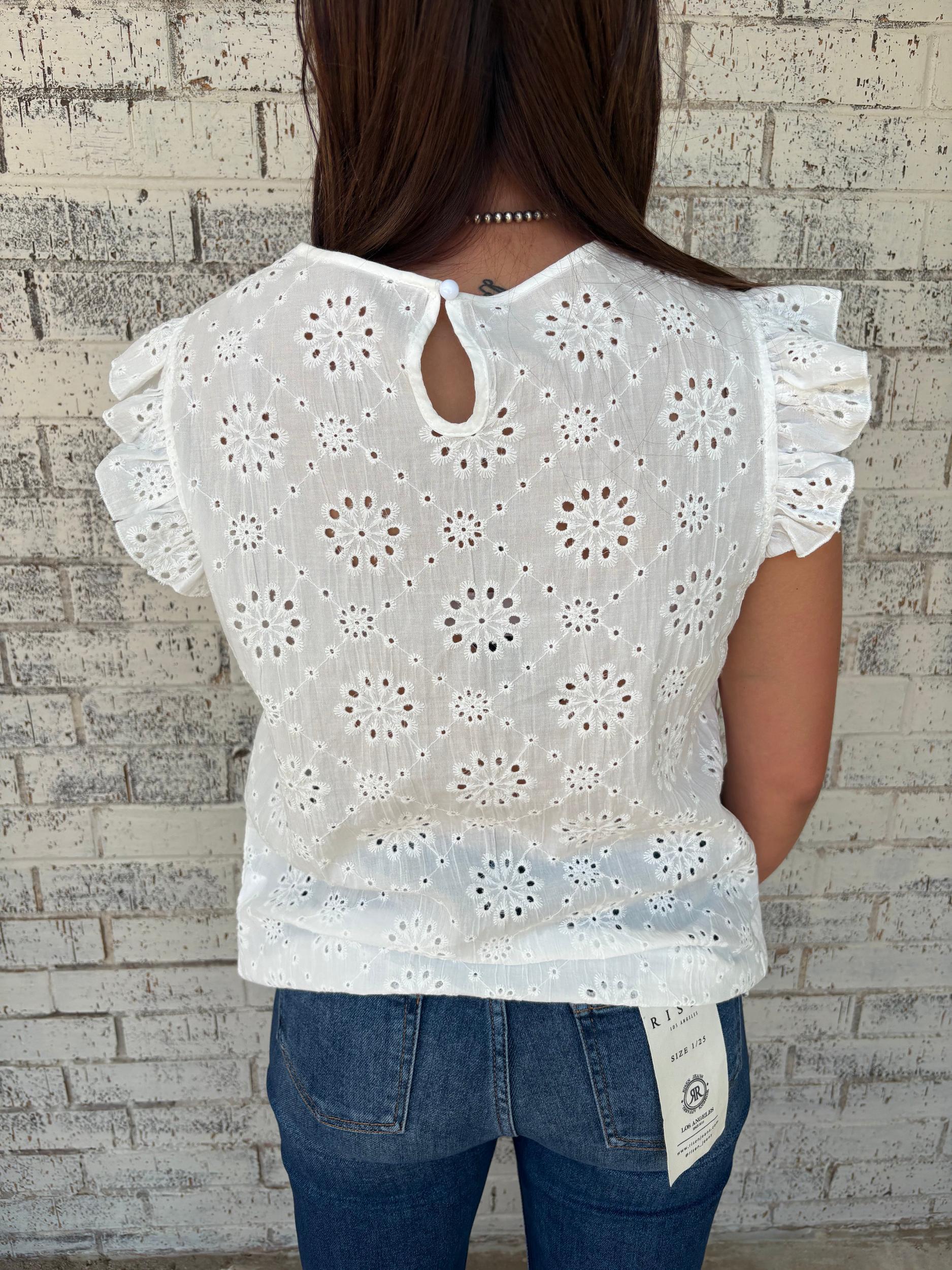 White Eyelet Embroidered Ruffled Flutter Sleeve Top Product Image