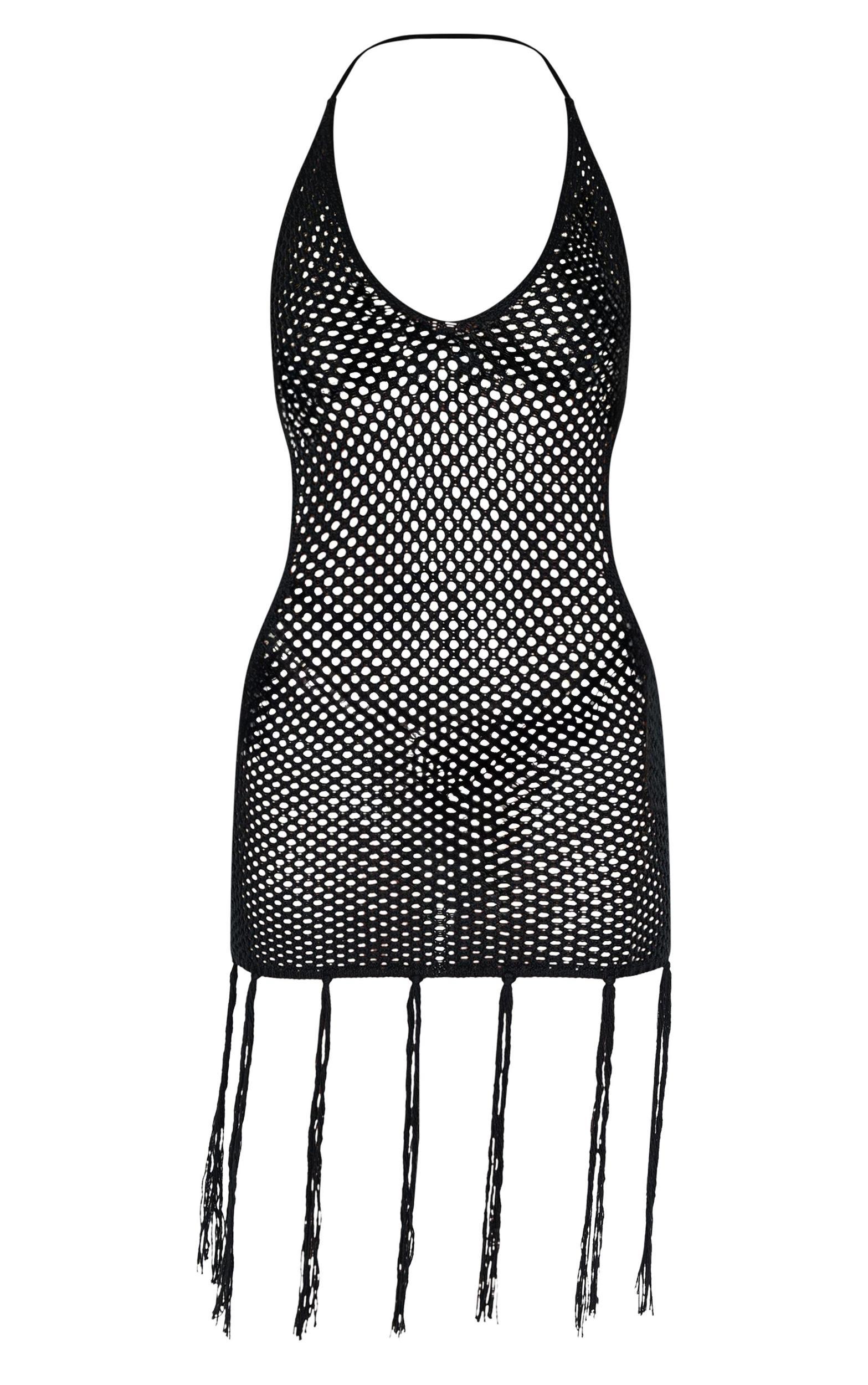 Black Crochet Tassel Cut Out Beach Dress Product Image