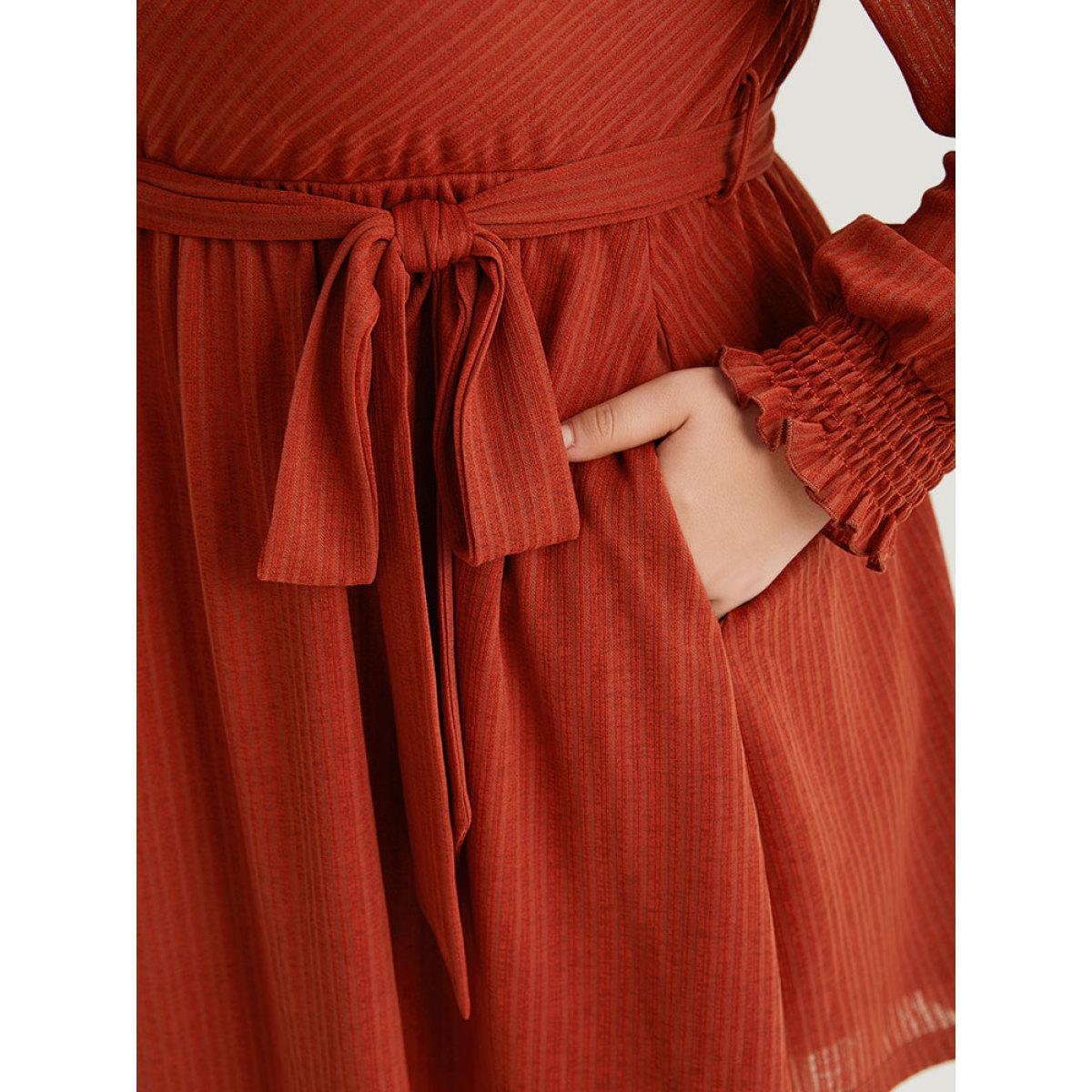 Plus Size Solid Shirred Belted Mock Neck Dress Rust Women Elegant Texture Mock Neck Long Sleeve Curvy Midi Dress BloomChic 10/M Product Image