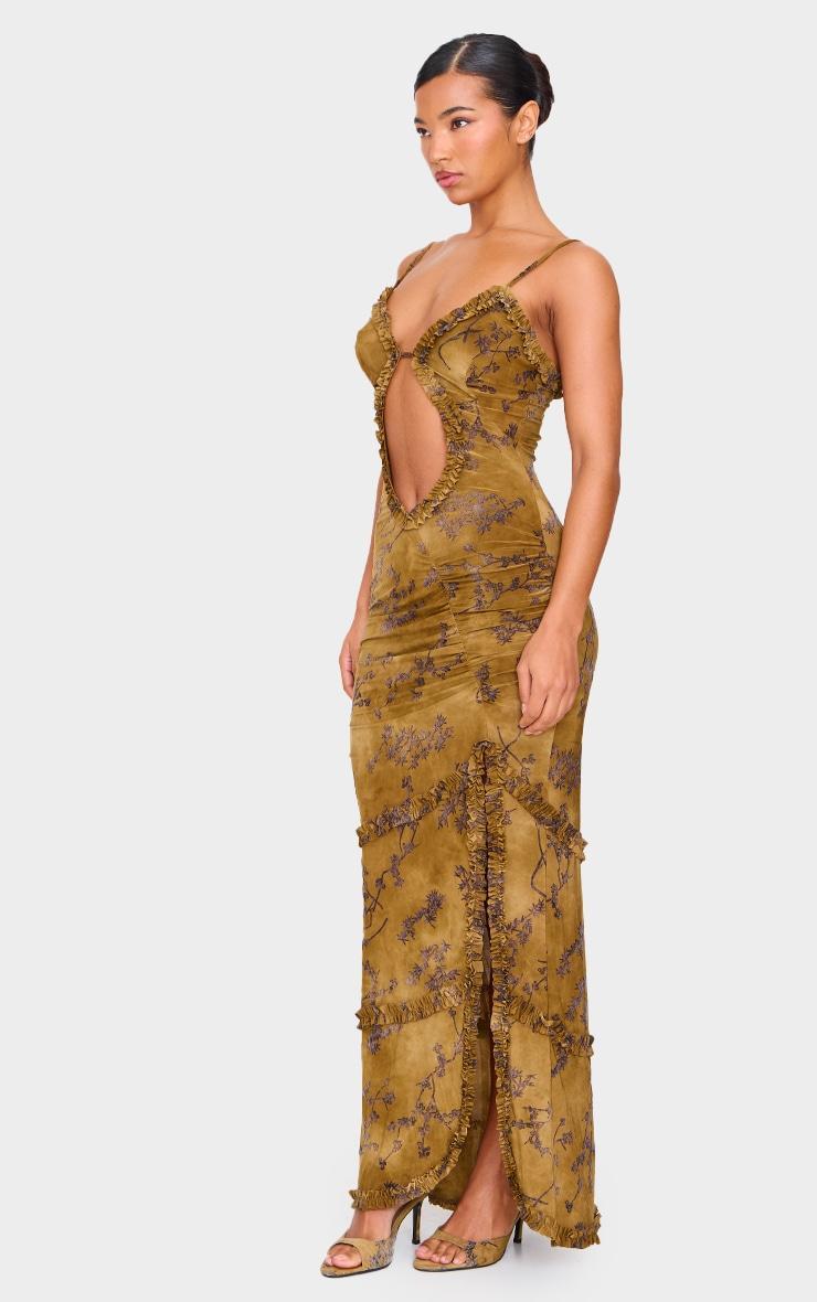 Green Floral Printed Devore Cut Out Cami Split Hem Maxi Dress Product Image