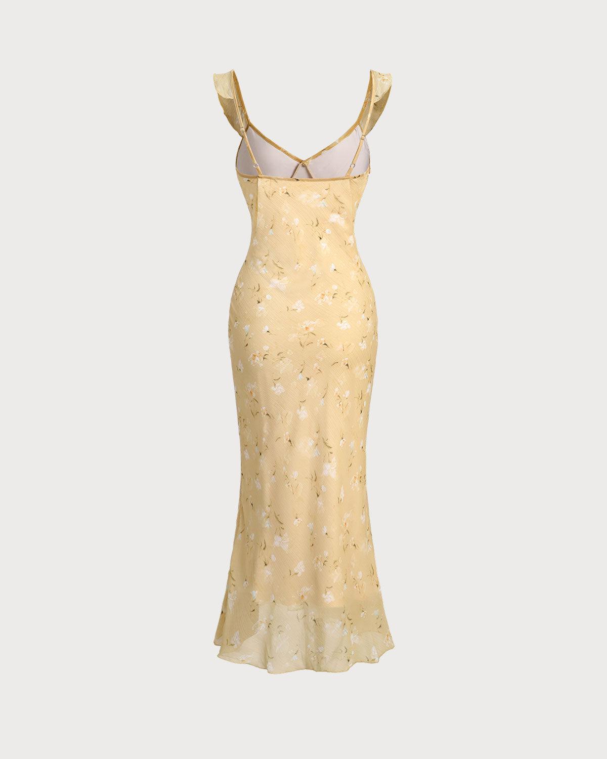 Yellow Floral Ruched Ruffle Midi Dress Product Image