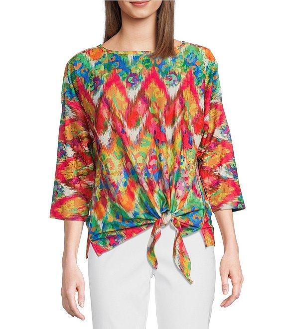 Ali Miles Textured Knit Eyelet Abstract Leopard Scoop Neck 3/4 Dolman Sleeve Top Product Image
