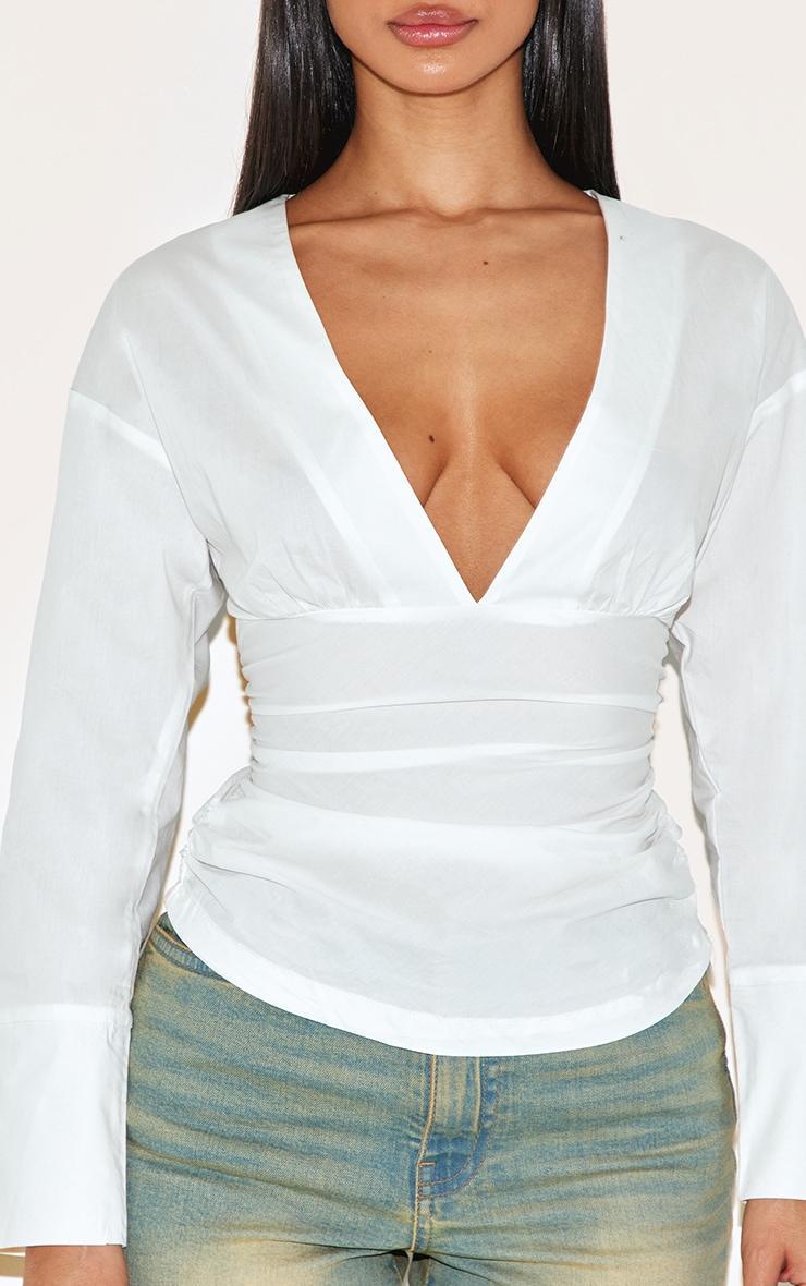 Petite White Fitted Ruched Waist Shirt Product Image