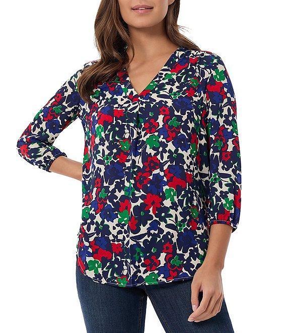 Jones New York Floral Pleated V-Neck 3/4 Sleeve Tunic Product Image