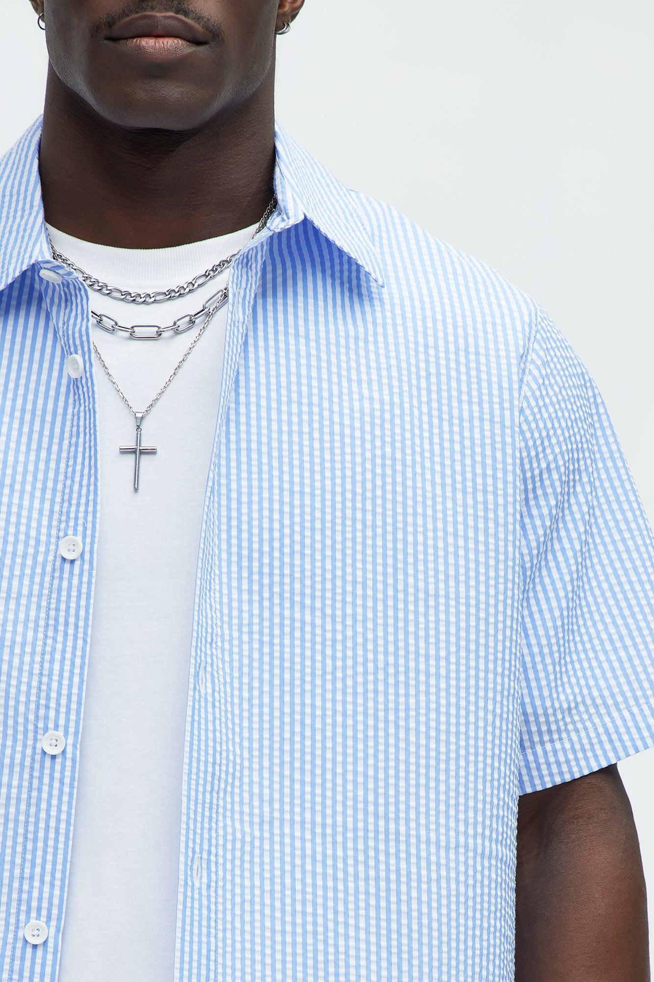 Seersucker Short Sleeve Button Up Shirt - Blue/combo Product Image