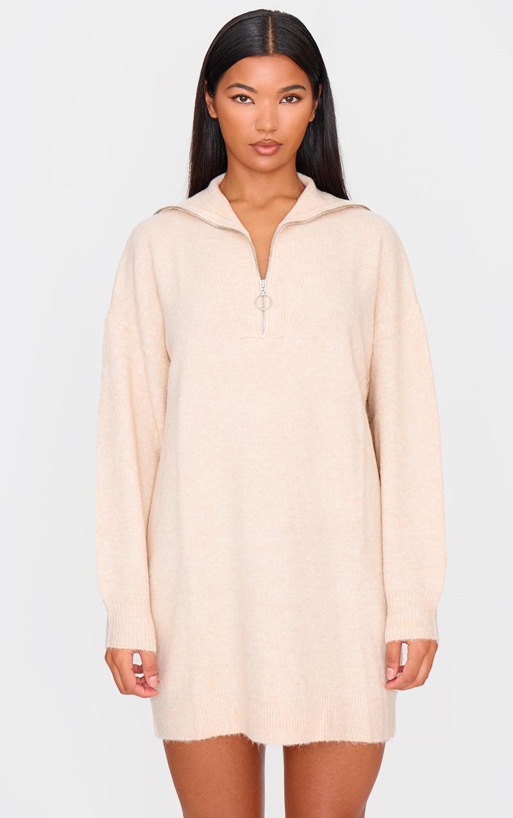 Oatmeal Luxe Knit Half Zip Sweater Dress Product Image