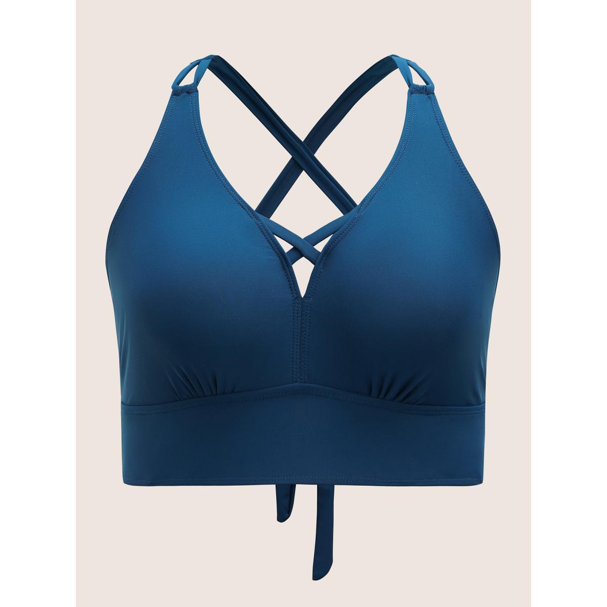 Plus Size Plain Cut Out Crisscross Tie Knot Swim Top Women's Swimwear Indigo Beach Cross straps High stretch Skinny U-neck Curve Swim Tops BloomChic 26/4X Product Image