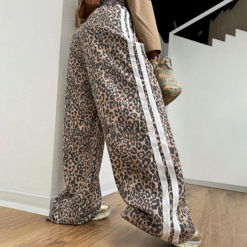 High Waist Leopard Print Striped Loose-Fit Wide-Leg Pants Product Image
