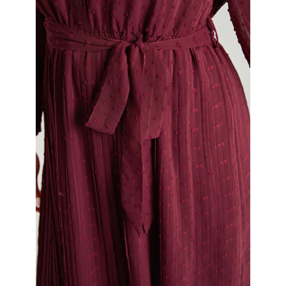 Plus Size Plain Textured Shirt Collar Gathered Belted Dress Scarlet Women Office Elastic cuffs Shirt collar Long Sleeve Curvy Midi Dress BloomChic 14-16/1X Product Image