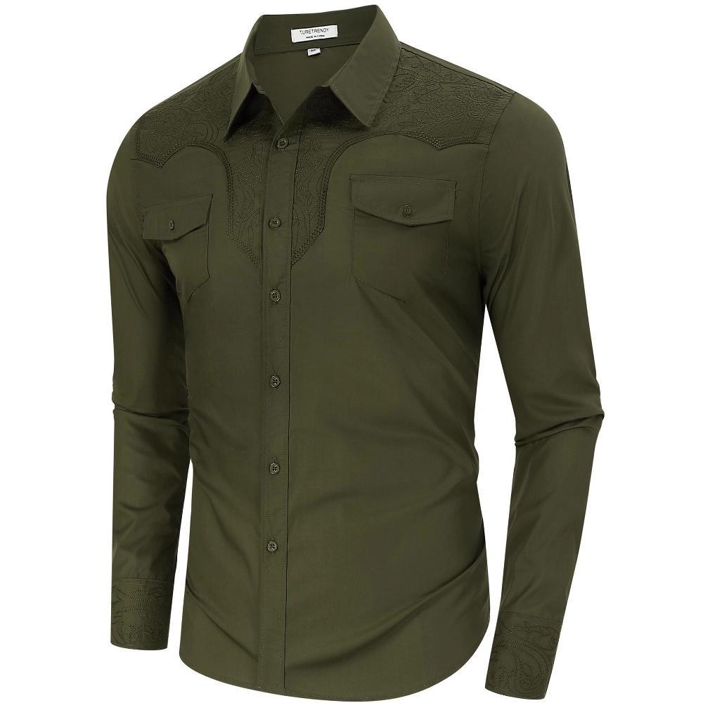 Men's Western Cowboy Shirt Long Sleeve Cotton Embroidered Casual Button Down Work Shirt with Pockets Product Image
