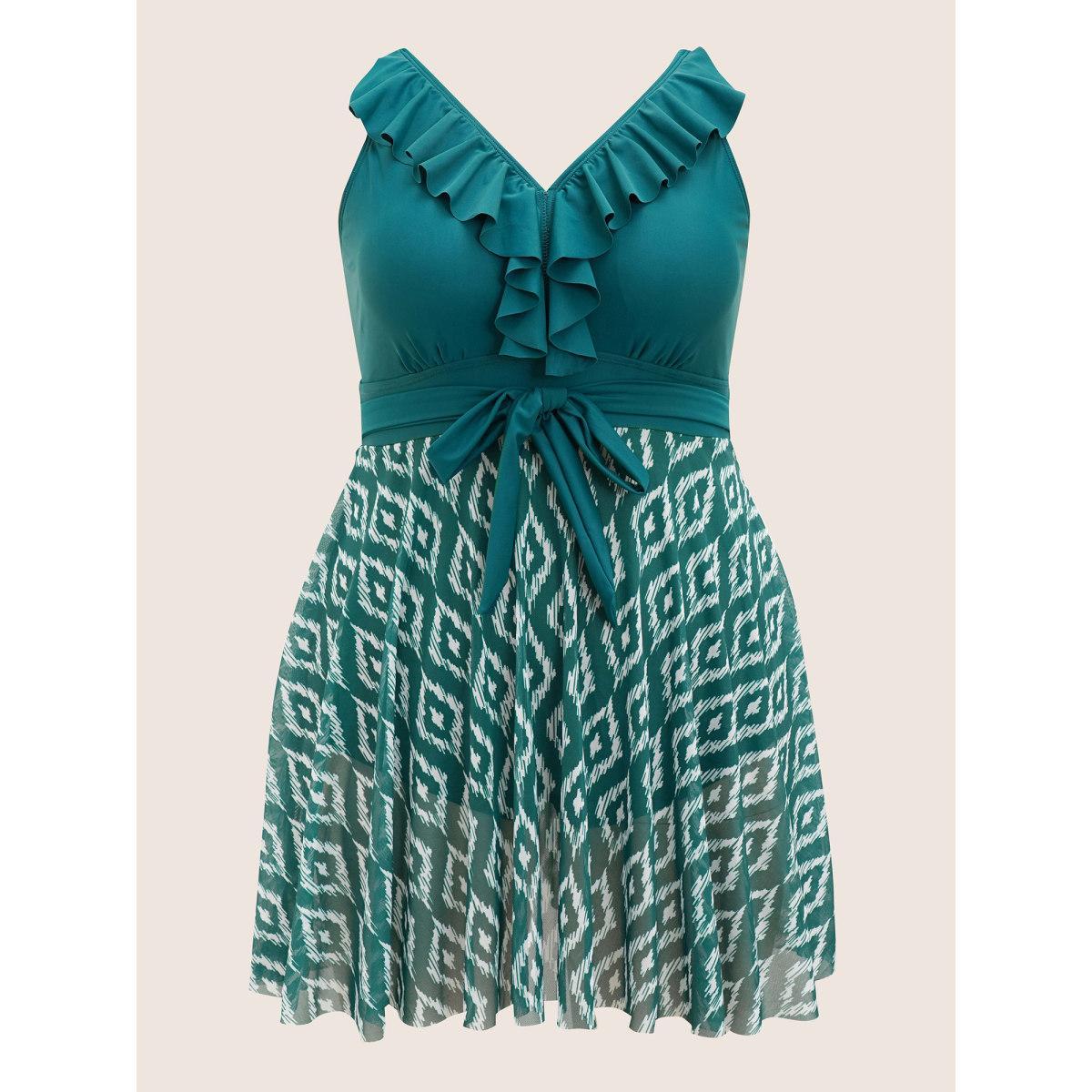 Plus Size Geometric Patchwork See Through Ruffles Swim Dress Women's Swimwear DarkGreen Beach Bodycon V-neck High stretch Curve Swim Dresses BloomChic 18-20/2X Product Image
