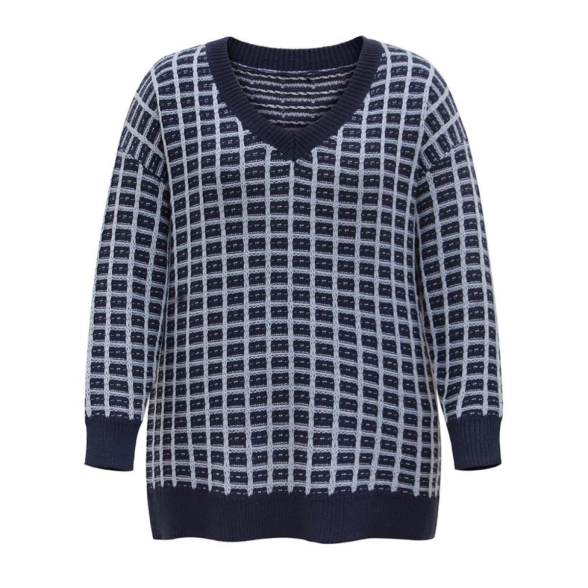 Plus Size Gingham Plisse V Neck Elastic Cuffs Pullover Midnight Women Casual Loose Long Sleeve V-neck Dailywear Pullovers BloomChic 22-24/3X Product Image