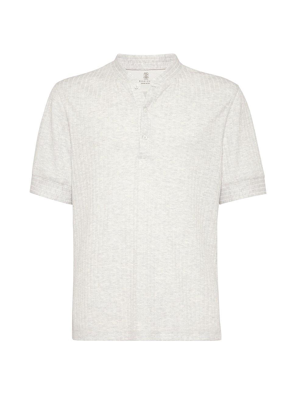 Mens Ribbed Linen and Cotton Jersey T-Shirt with Henley Collar Product Image