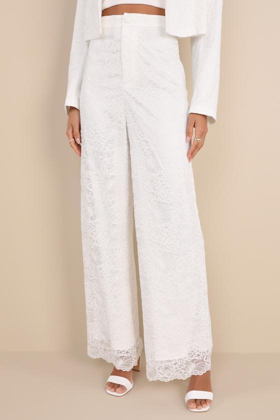 Elegant Pursuit Ivory Lace High-Rise Wide-Leg Trouser Pants Product Image