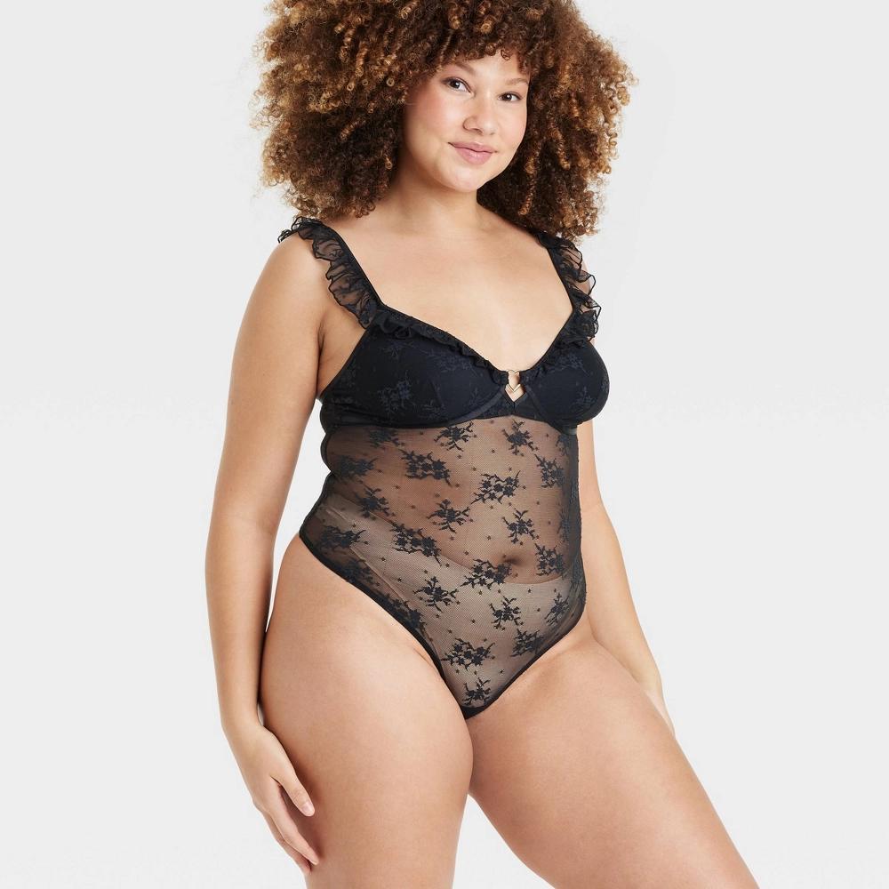 Womens Lace Lingerie Bodysuit - Colsie Black XL: Nylon-Spandex Blend, V Neck, Adjustable Straps, Sheer, Hand Wash Product Image