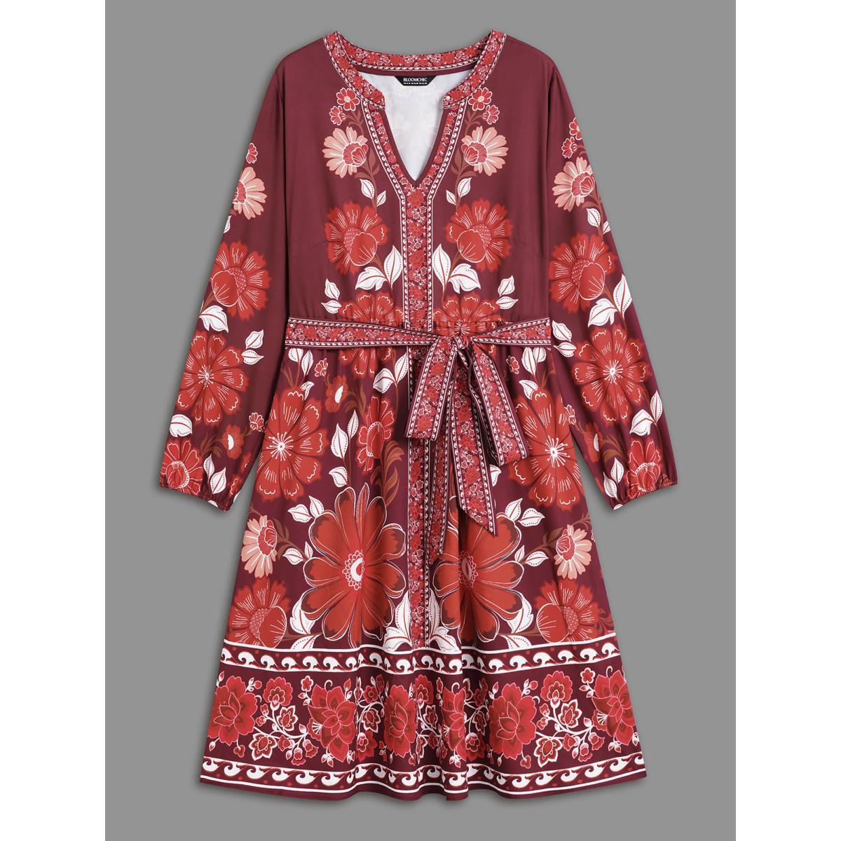 Plus Size Boho Print Belted Lantern Sleeve Dress Burgundy Women Cocktail Belted Notched collar Long Sleeve Curvy BloomChic 22-24/3X Product Image