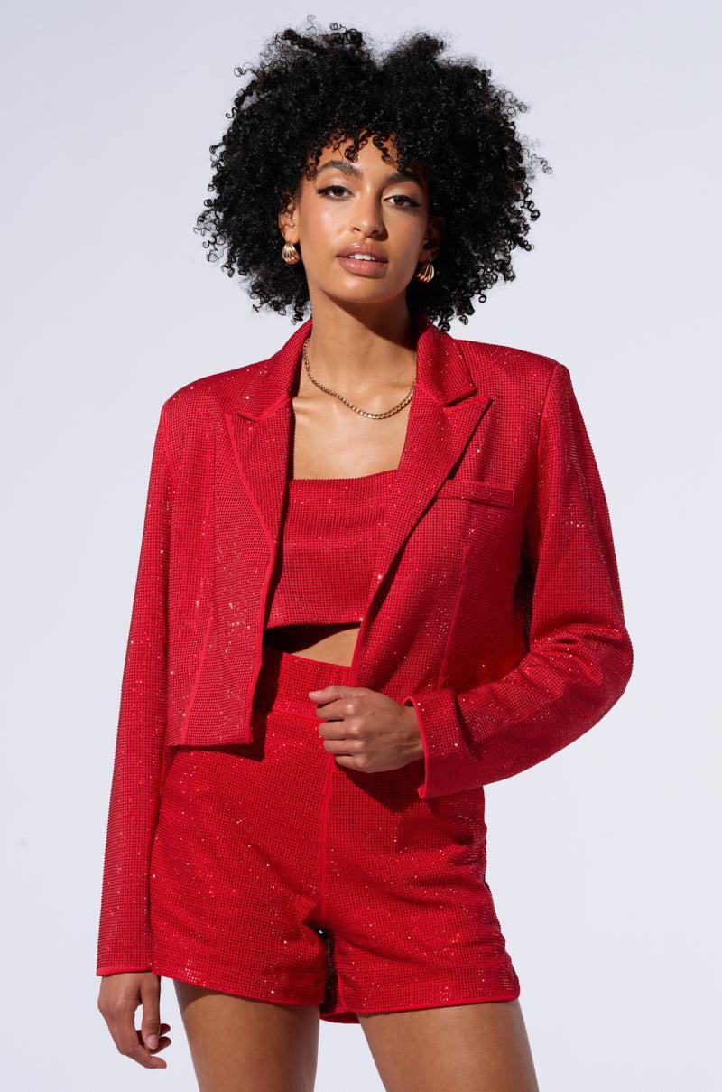 POP STAR HOT FIX RHINESTONE CROPPED BLAZER IN RED Product Image