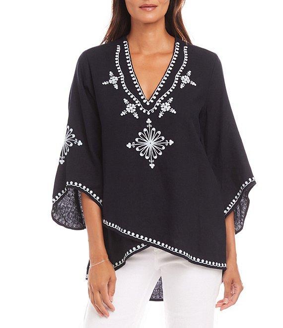 Karen Kane Embroidered V-Neck 3/4 Flare Sleeve Asymmetrical Top Product Image