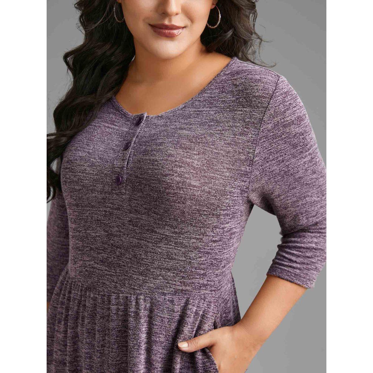 Plus Size Solid Heather Button Up Knit Dress Deeppurplered Women Casual Button Knit Dresses Bloomchic 30/6X Product Image