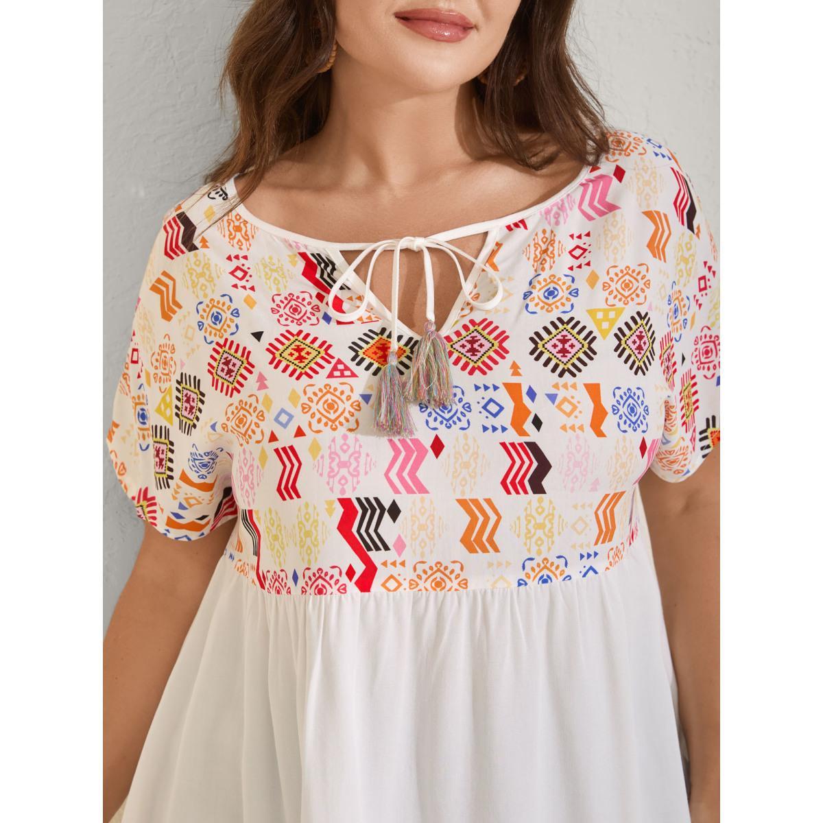 Plus Size WhiteSmoke Multicolor Boho Stripes Woven Cut-Out Blouse Women Short sleeve Flat collar with V-notch Vacation Blouses BloomChic 14-16/1X Product Image