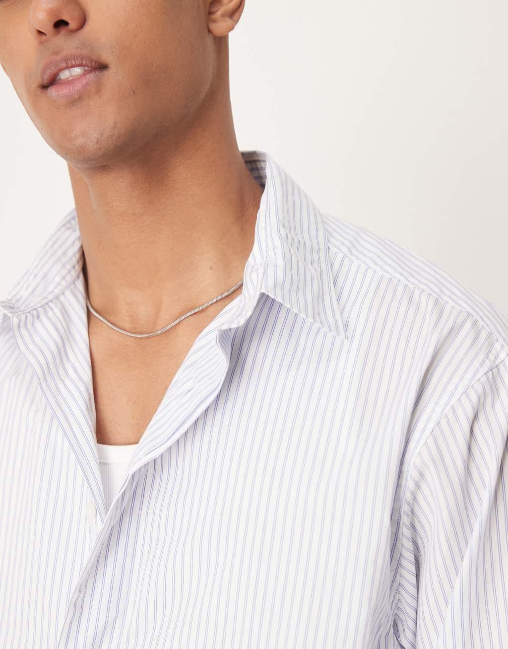 Selected Homme boxy oversized shirt in cream gray stripe Product Image
