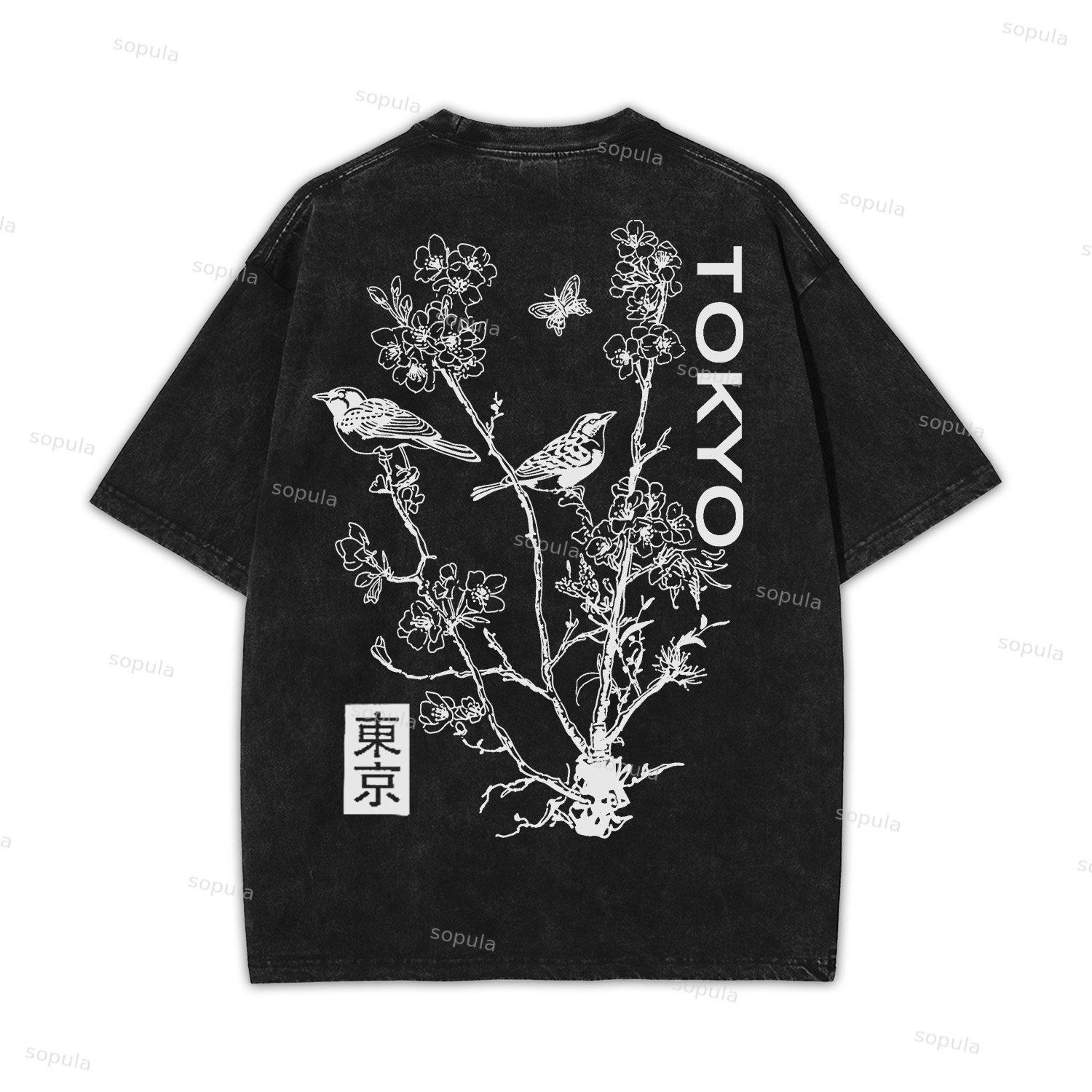 Japan Style Insect Bird Floral Print Acid Washed T-shirt Product Image