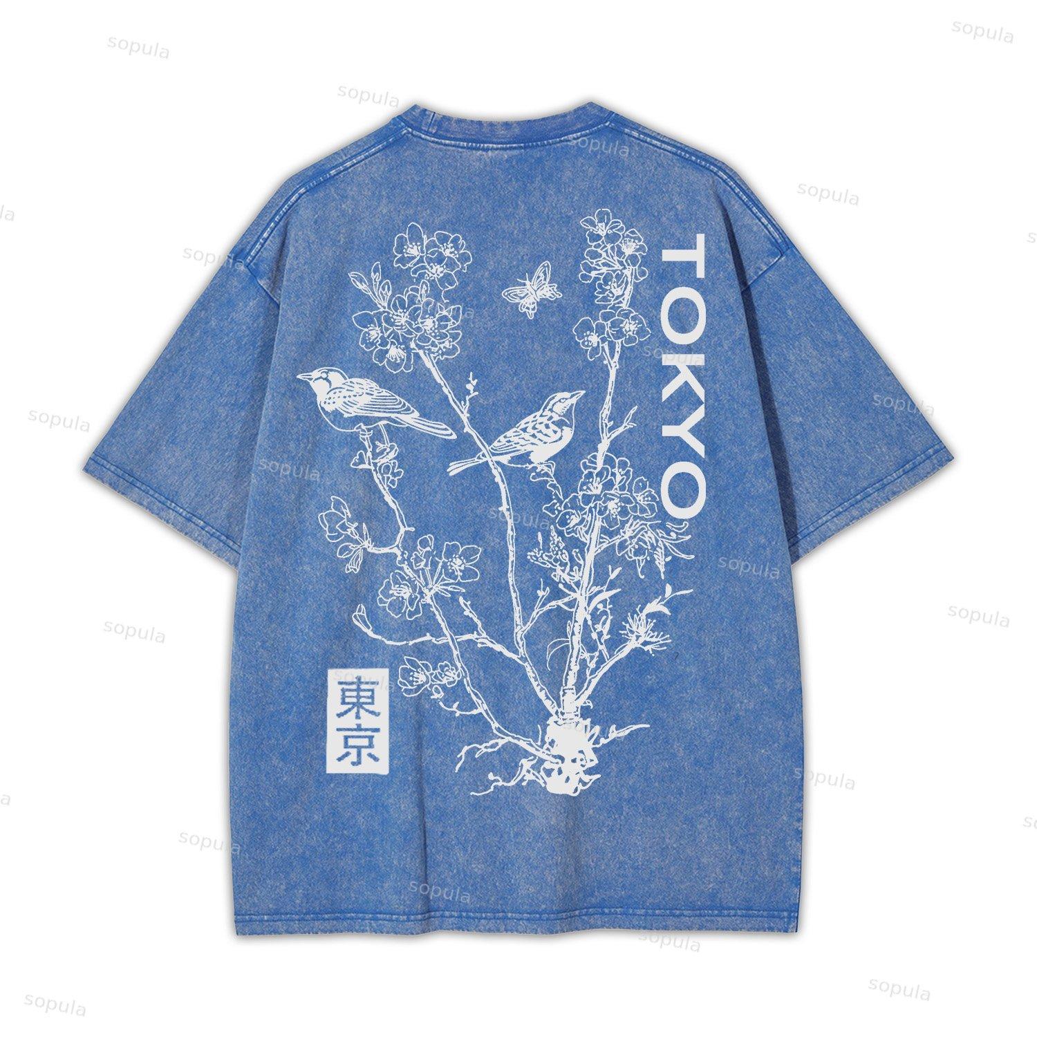 Japan Style Insect Bird Floral Print Acid Washed T-shirt Product Image