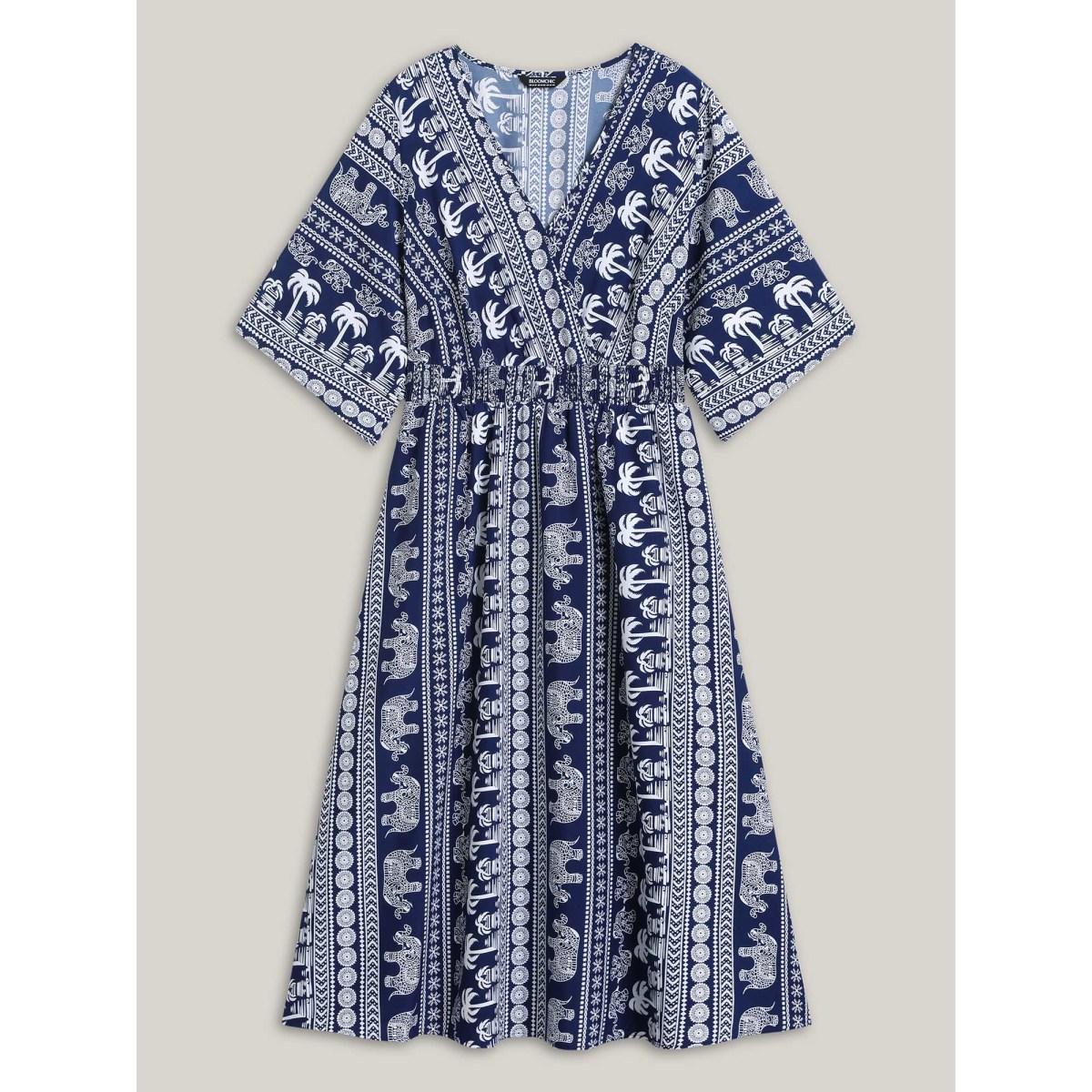 Plus Size Resort Ready Print Shirred Waist Maxi Dress DarkBlue Women Overlap Collar Half Sleeve Curvy BloomChic 12/L Product Image