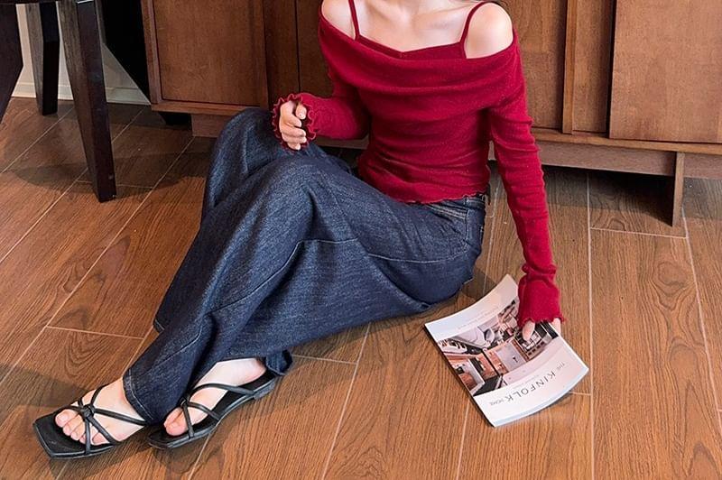 Mock Two-Piece Long-Sleeve Cold Shoulder Plain Knit Top Product Image