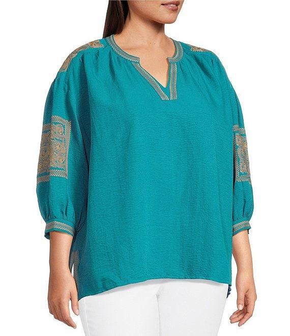 Calessa Plus Size Crinkle Textured Foulard Embroidered Split V-Neck Long Sleeve Tunic Product Image
