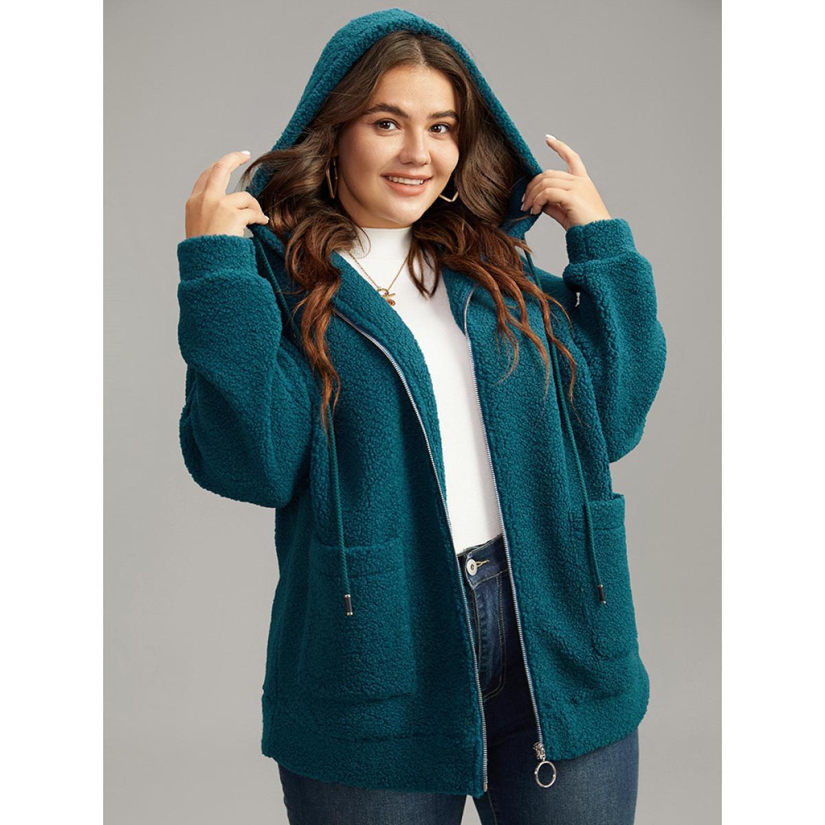 Plus Size Plain Texture O Ring Zipper Hooded Drawstring Jacket Women Aegean Texture Pocket Everyday Jackets BloomChic 22-24/3X Product Image