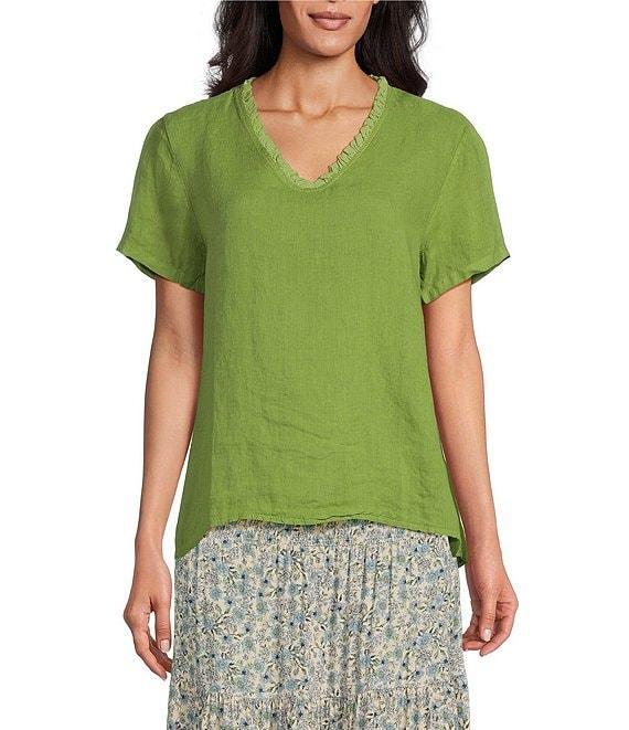 M Made in Italy Ruffle V-Neck Short Sleeve Linen Top Product Image