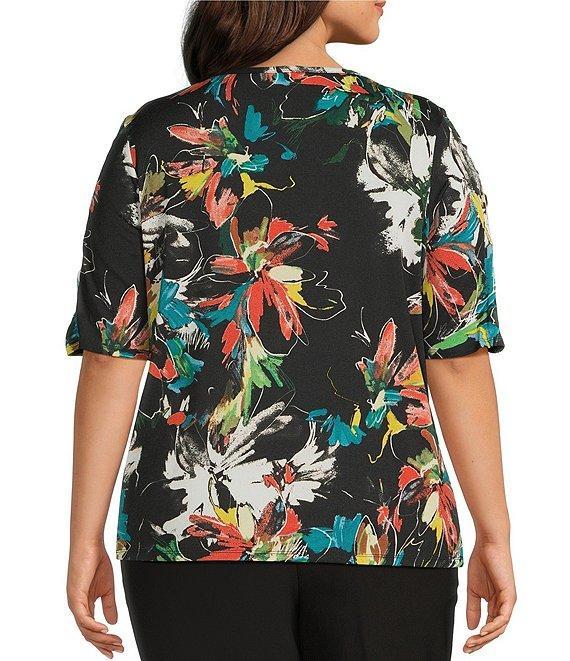 Investments Plus Size Knit Floral Garden Gestures Elbow Length Sleeve Crew Neck Top Product Image