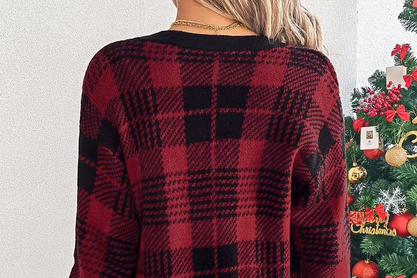 Plaid Contrast Trim Open Front Long Cardigan Product Image