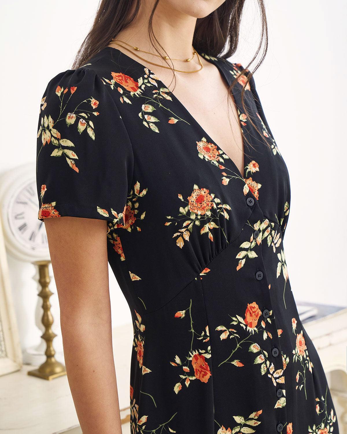 The Black V Neck Floral Short Sleeve Maxi Dress Product Image