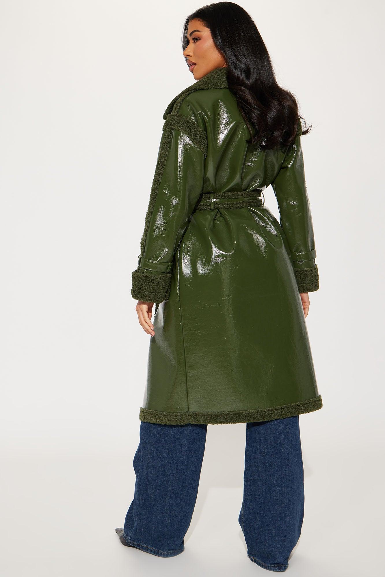 Bad Ideas Shearling Trench Coat - Olive Product Image