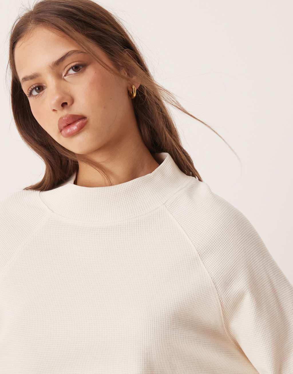 ASOS DESIGN long sleeve raglan waffle T-shirt in coconut milk Product Image