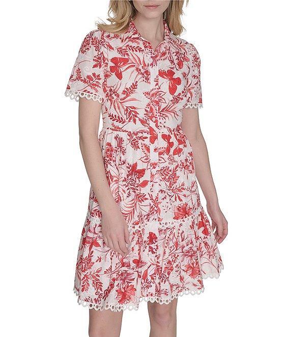 Eliza J Eyelet Floral Print Point Collar Neck Short Sleeve Button Front Shirt Dress Product Image