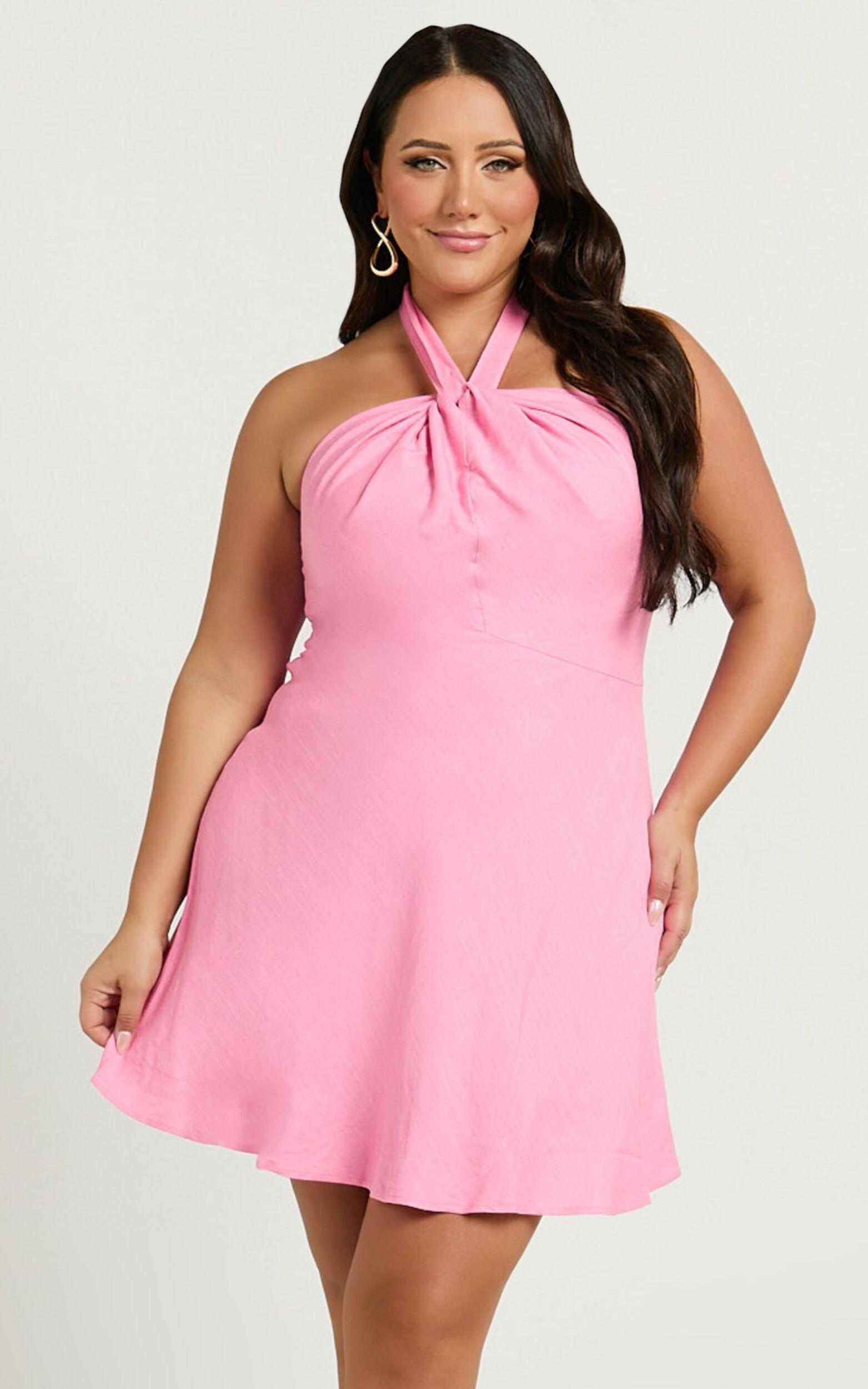 Louie Mini Dress - Linen Halter Neck Dress in Candy Pink Product Image