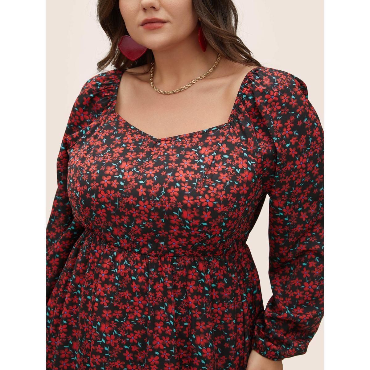 Plus Size Ditsy Floral Square Neck Split Side Dress Black Women Elegant Elastic cuffs Square Neck Long Sleeve Curvy Midi Dress BloomChic 26/4X Product Image