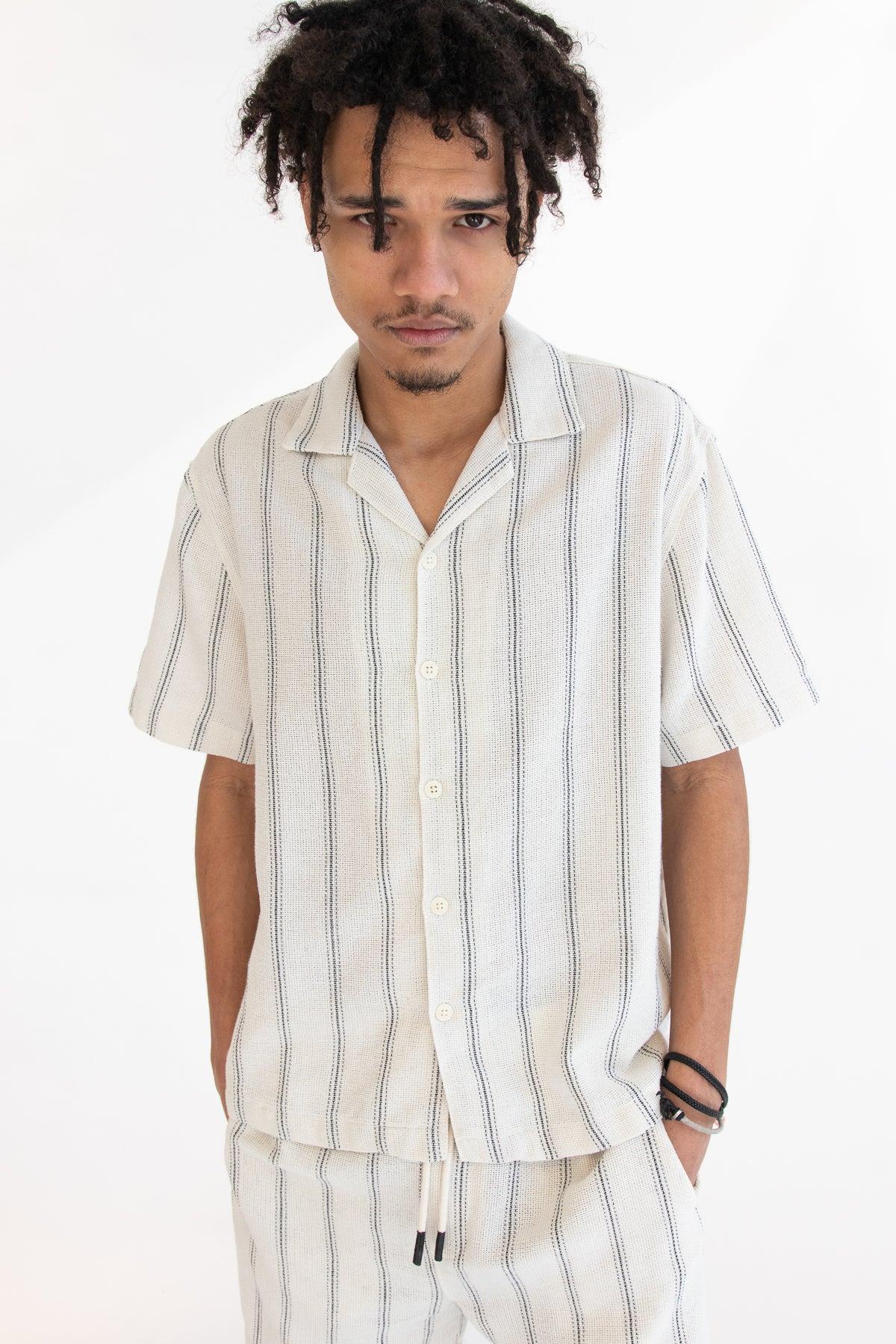 Black Striped Textured Woven Button Up Shirt Product Image