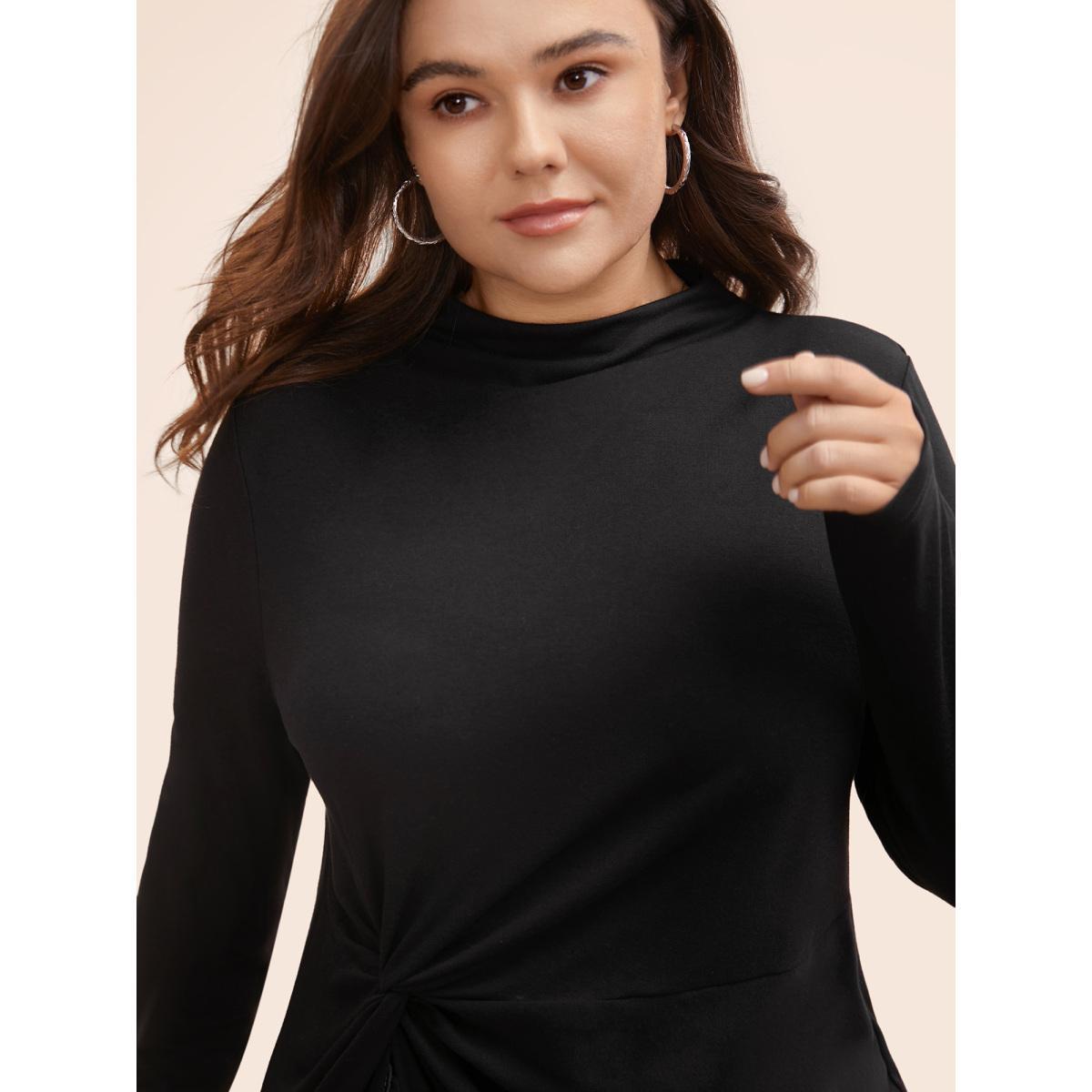Plus Size Supersoft Essentials Twist Front Split Hem T-shirt Black Women Casual Tie knot Mock Neck Skinny Everyday T-shirts BloomChic 10/M Product Image