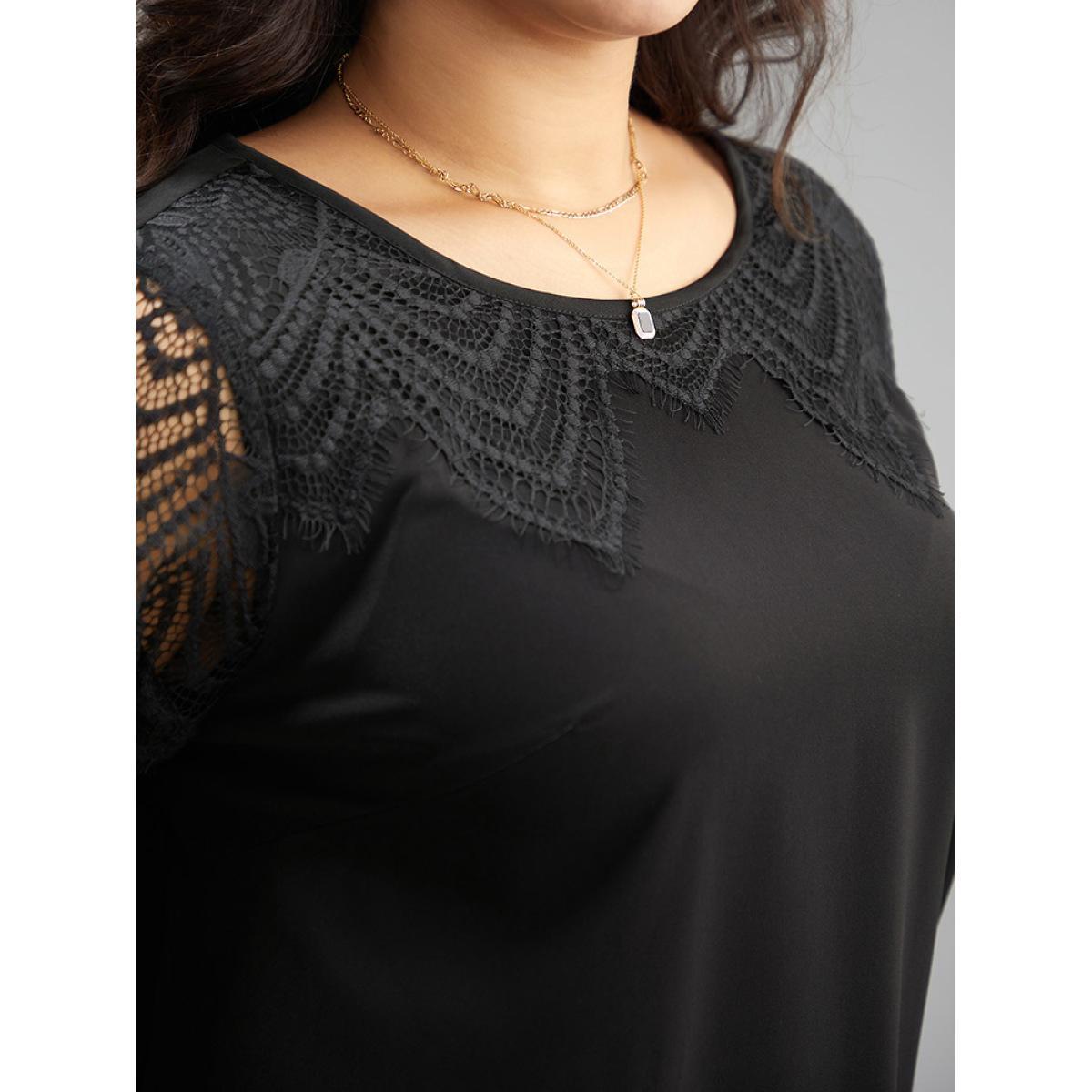 Plus Size Black Anti-Wrinkle Solid Lace Panel Lantern Sleeve Blouse Women Elegant Long Sleeve Round Neck Dailywear Blouses BloomChic 26/4X Product Image