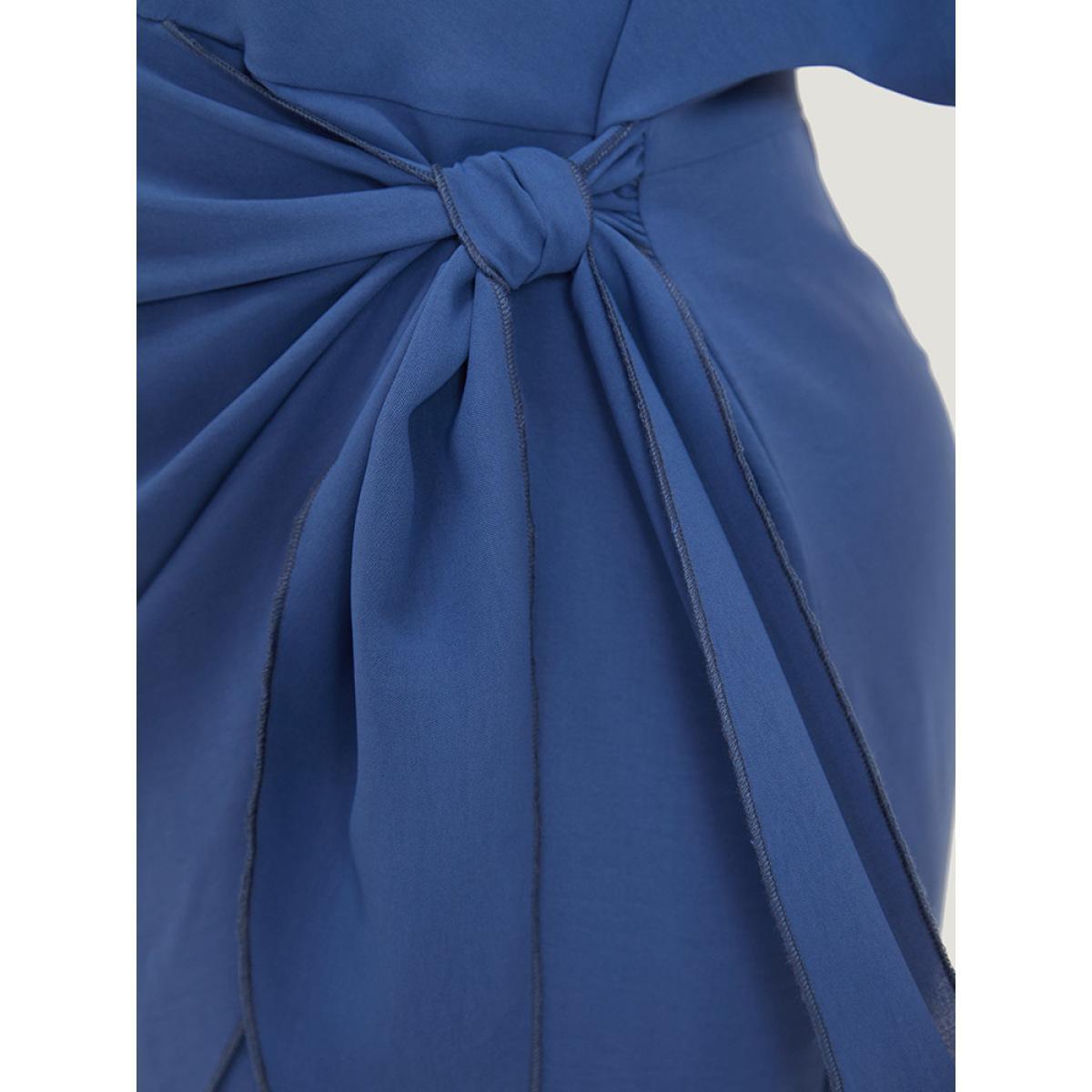 Plus Size Solid Surplice Neck Gathered Twist Front Batwing Sleeve Dress DarkBlue Women Elegant Knotted V-neck Half Sleeve Curvy Knee Dress BloomChic 26/4X Product Image