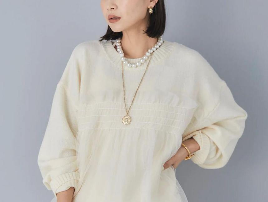 Set: Crew Neck Mesh Panel Sweater + Faux Pearl Washed Loose Fit Jeans Product Image