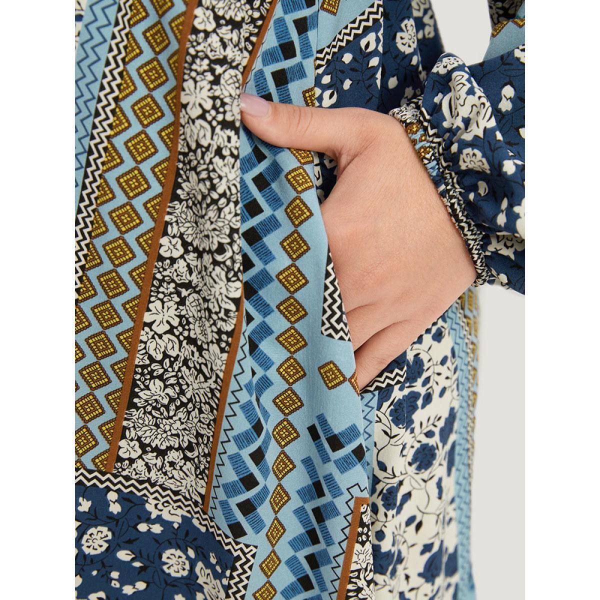 Plus Size Bandana Print Patchwork Ties Pocket Lantern Sleeve Dress Stone Women Vacation Elastic cuffs Square Neck Long Sleeve Curvy Midi Dress BloomChic 14-16/1X Product Image