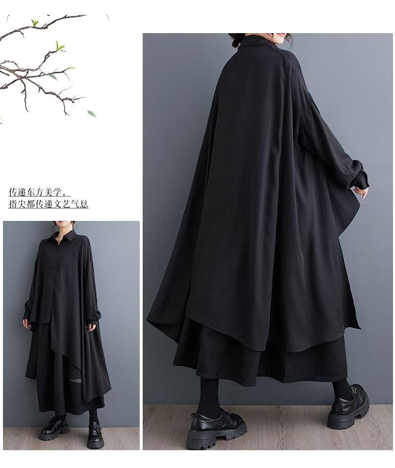 Long-Sleeve Asymmetrical Plain Maxi Shirt Dress Product Image