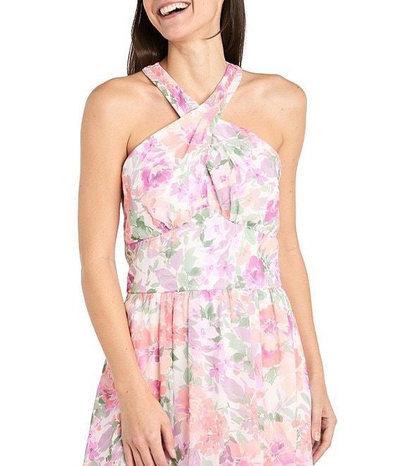 R & M Richards Petite Size Halter Neck Floral Print Chiffon Maxi Dress Product Image