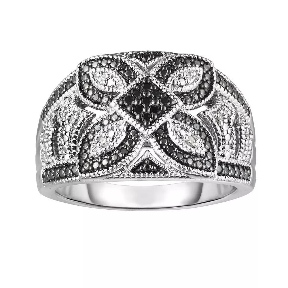 Sterling Silver 1/10 Carat T.W. Black & White Diamond Flower Ring, Women's, Size: 6, Silver Tone Product Image